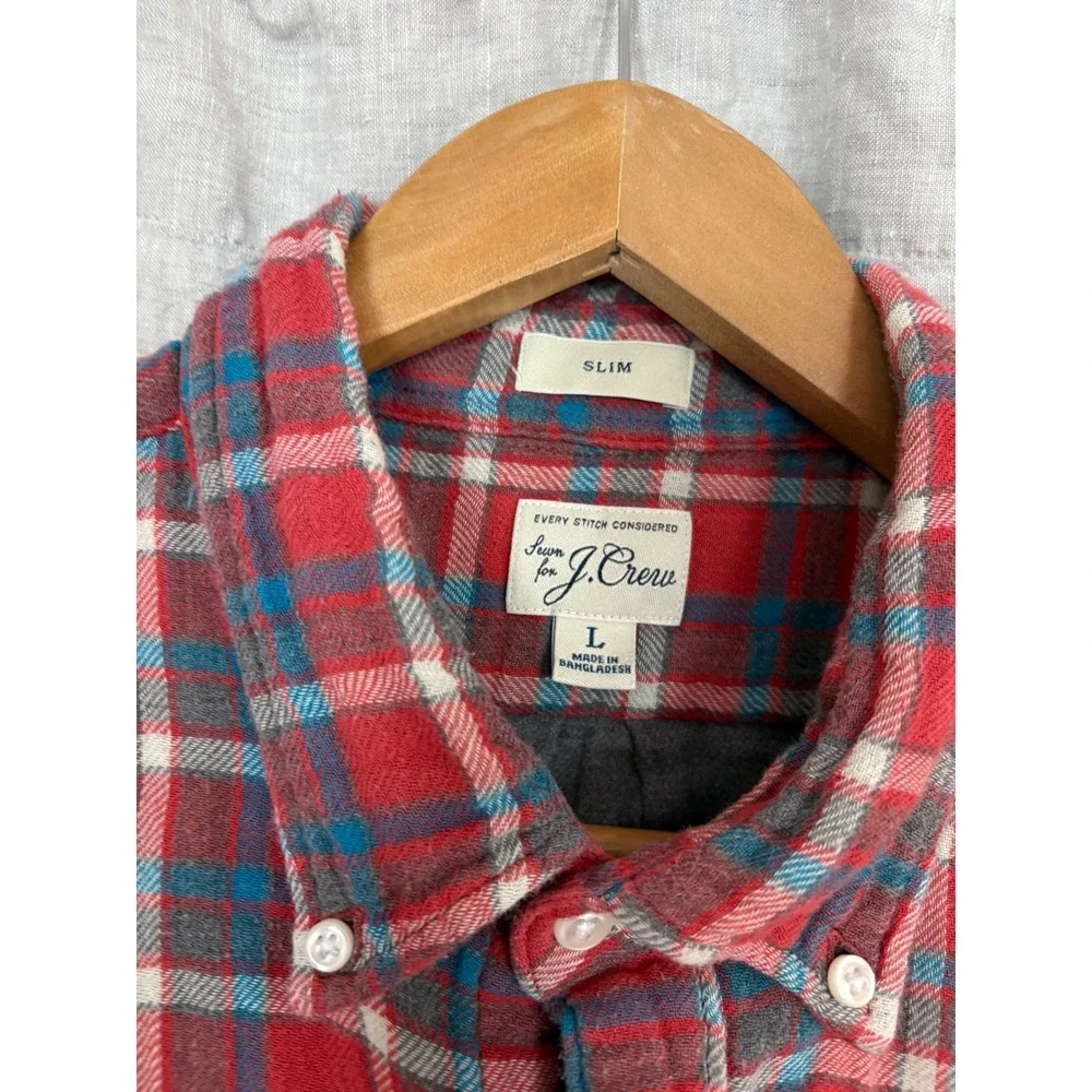 J.Crew Slim Re-Imagined Flannel Shirt Mens Large Red‎ Blue Plaid Button Down L
